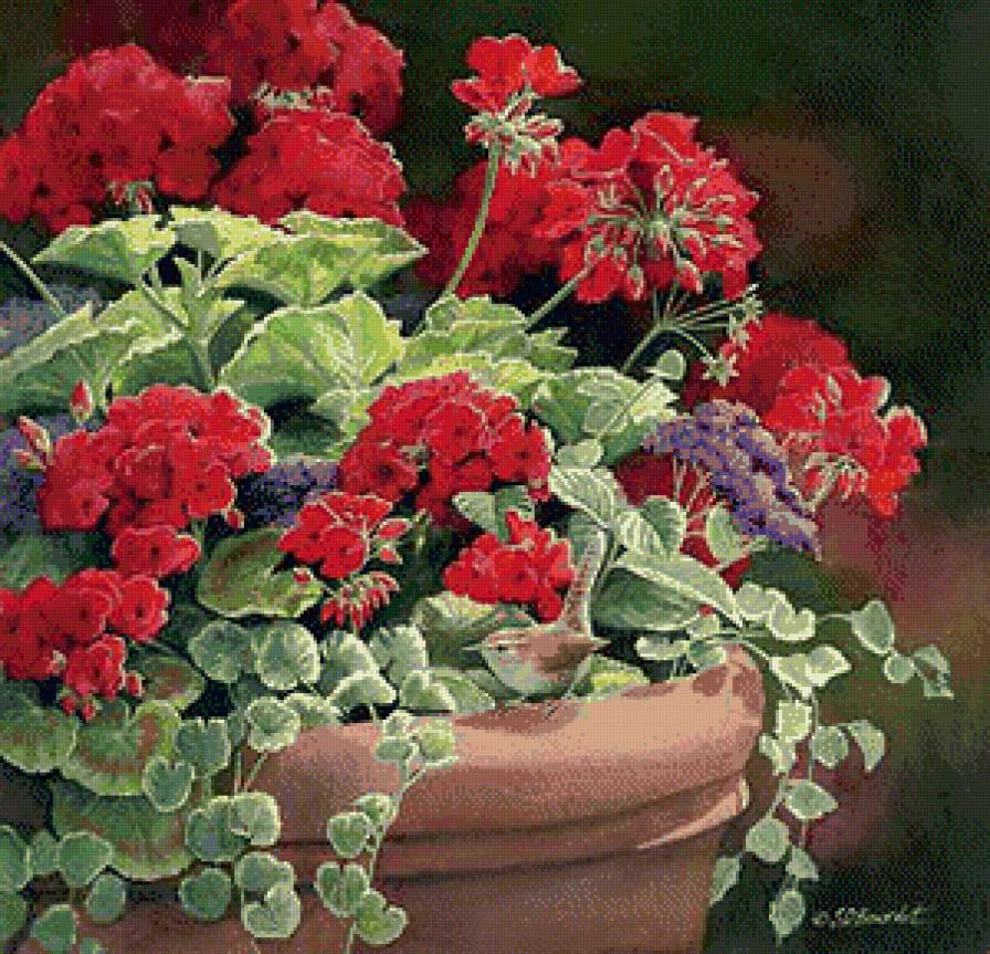 Серия "Птицы" - птиц, цветы, герань - предпросмотр