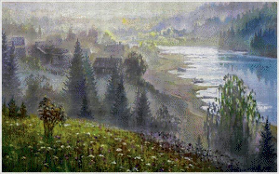 №478543 - лето, пейзаж, река, луг, домик - предпросмотр