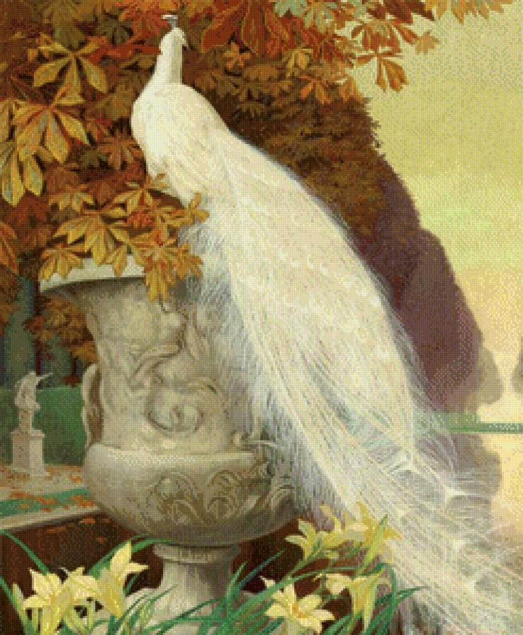 белый павлин - картина, птицы, живопись, ваза, листья, цветы, каштан - предпросмотр