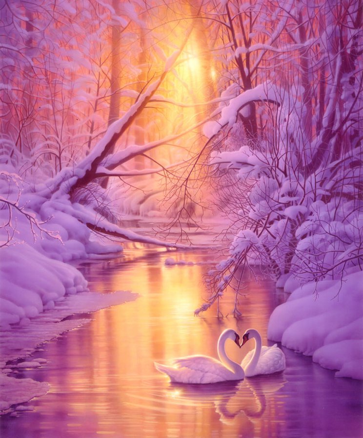 нежность - снег, лебеди, пара, птицы, закат, зима, река, любовь, вода - оригинал