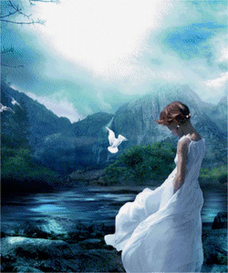 Пейзаж - девочка, пейзаж, озеро, голуби - предпросмотр