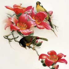 Схема вышивки «Птички на ветке с цветами. Зеркало-1.»
