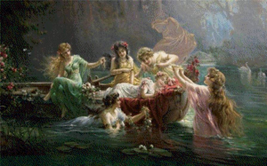 На воде. - женский образ, вода, пруд, картины - предпросмотр