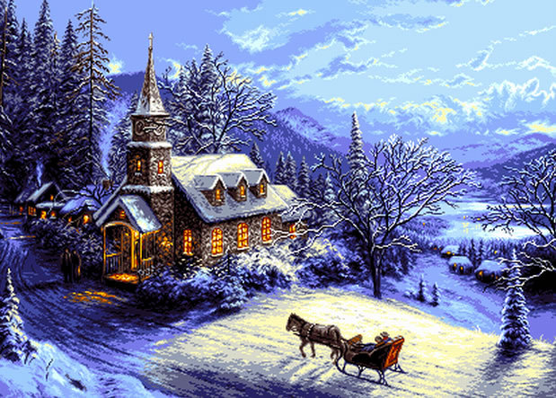 зимний вечерок - ночь, снег, зима, лес, домик, повозка - оригинал