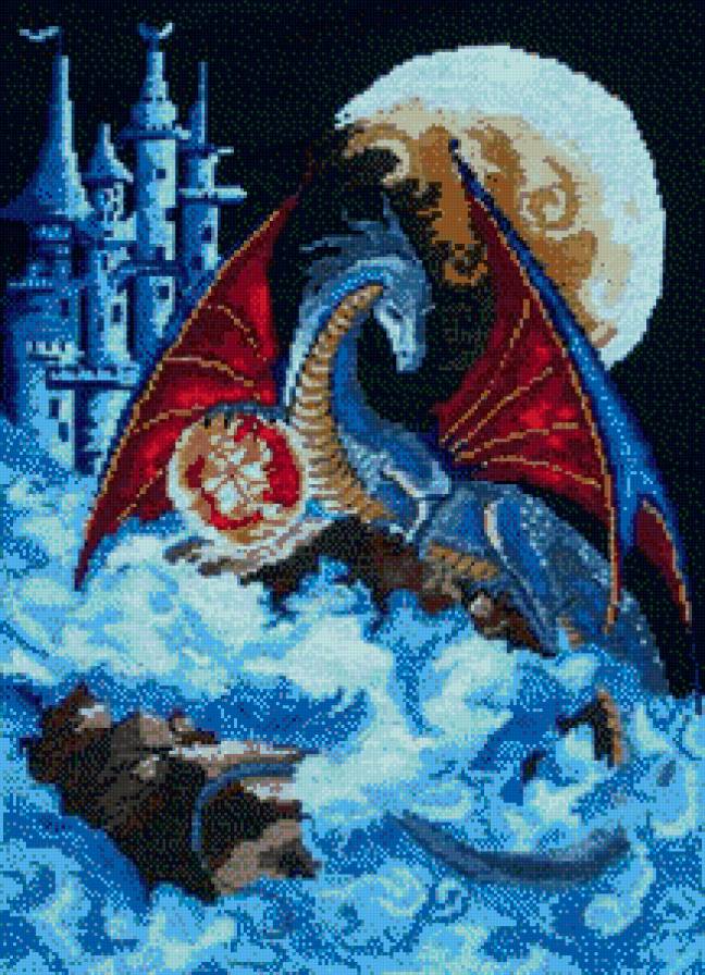 дракон - сказка, луна, замок, ночь - предпросмотр