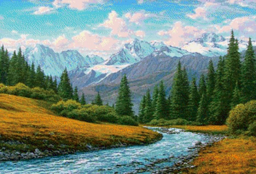 Красная Поляна - елочки, пейзаж, горы, река - предпросмотр