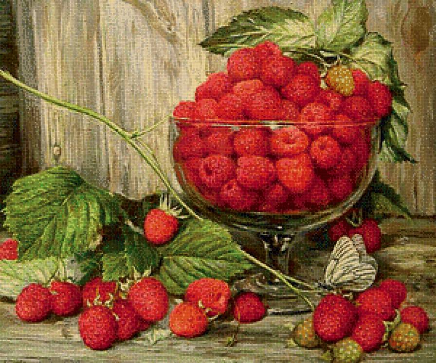 Ягода-малина - ягоды, натюрморт, бабочка, малина - предпросмотр