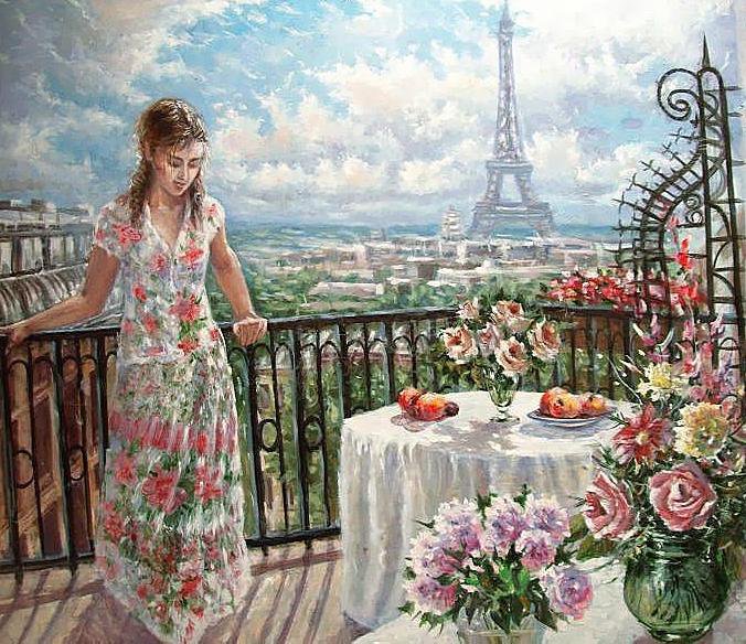 На балконе - башня эйфелева, девушка, город, париж - оригинал