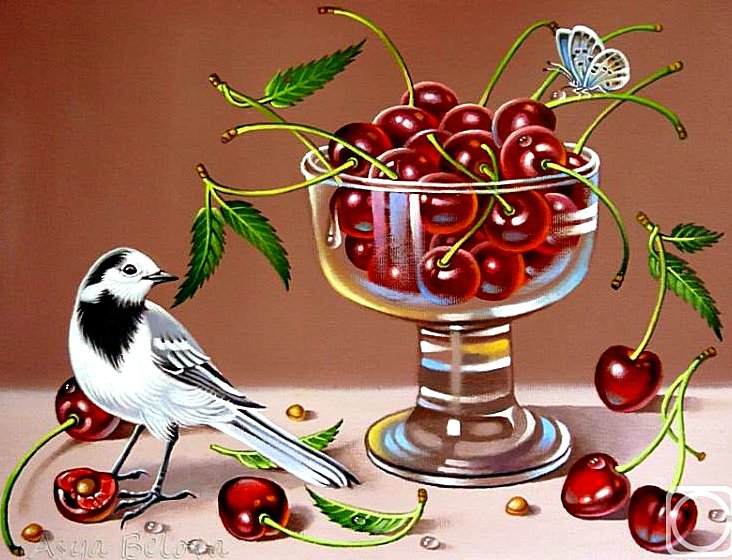 Вкусные вишни - вишни, птичка - оригинал