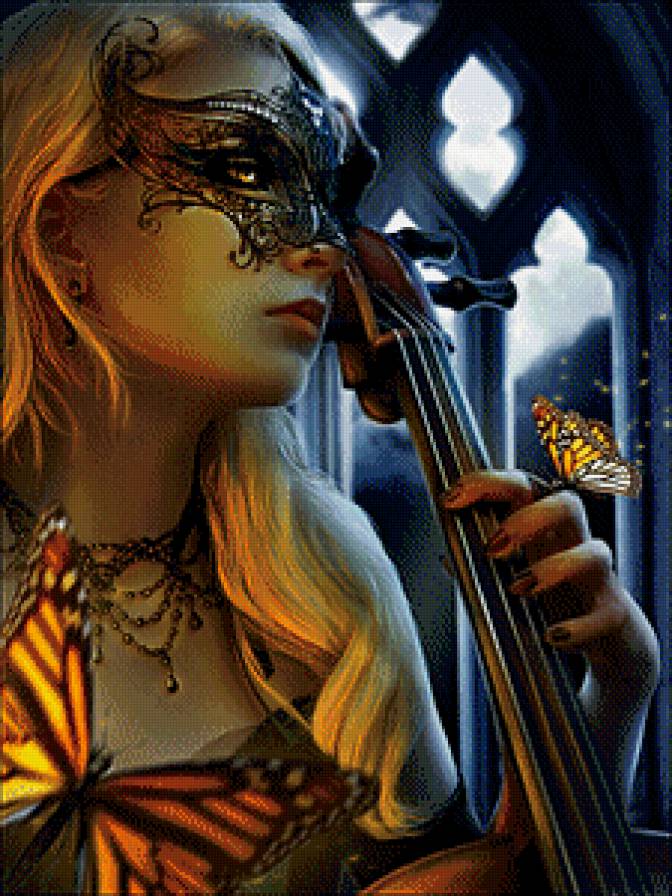 музыка ночи - картина, музыка, бабочка, ночи, девушка, женщина, живопись, маска - предпросмотр