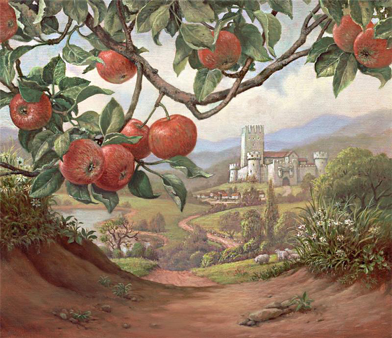 картина - природа, живопись, дерево.город, дорога, дом, яблоко, пейзаж - оригинал