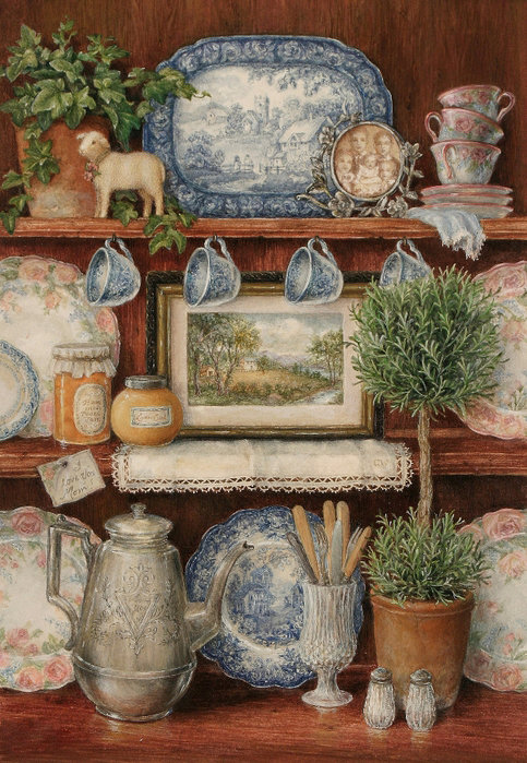 горка - живопись, картина, статуэтка, полка, посуда, цветы - оригинал