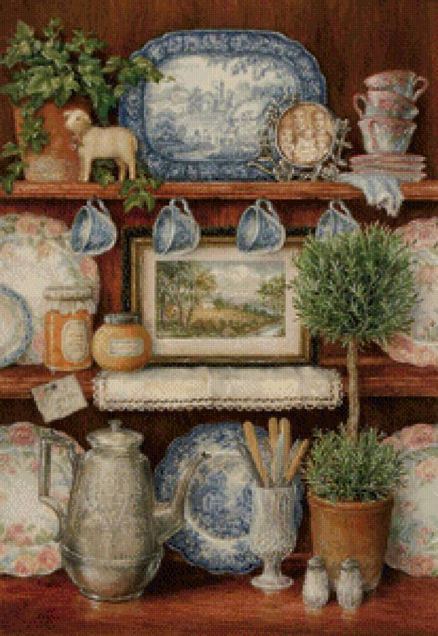 горка - картина, цветы, живопись, полка, статуэтка, посуда - предпросмотр