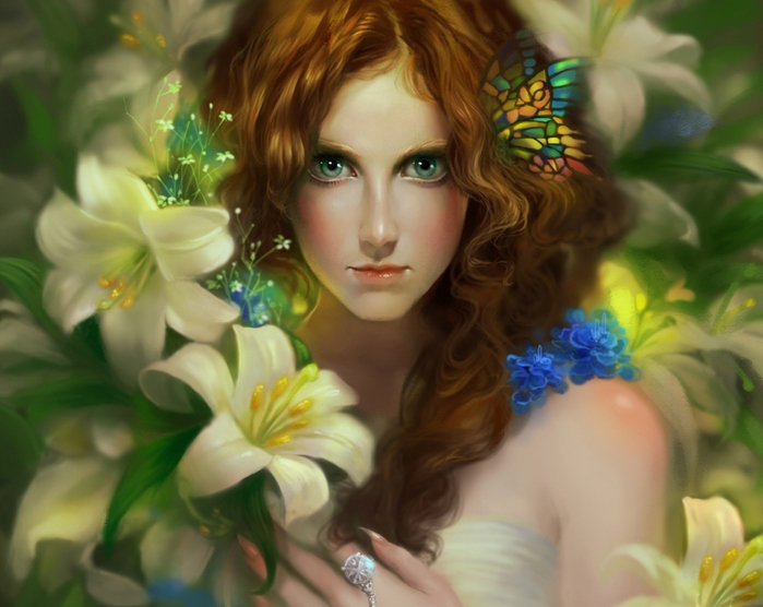 женский образ - женщина, живопись, цветы, бабочка, лилии, девушка, картина - оригинал