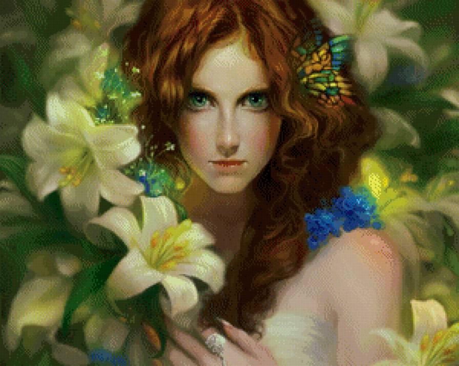 женский образ - бабочка, лилии, женщина, цветы, картина, живопись, девушка - предпросмотр