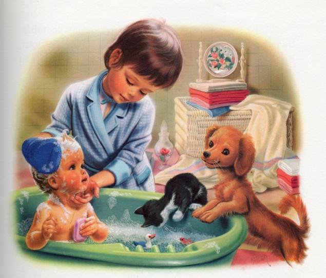 Водные процедуры - альчик, дети, ванна, вода, щенок, котенок - оригинал