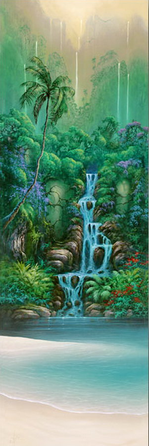 панно - цветы, природа, вода, пальмы, живопись, водопад - оригинал