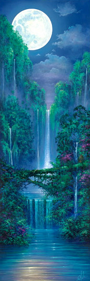панно - водопад, природа, живопись, цветы, вода, луна, дерево - оригинал
