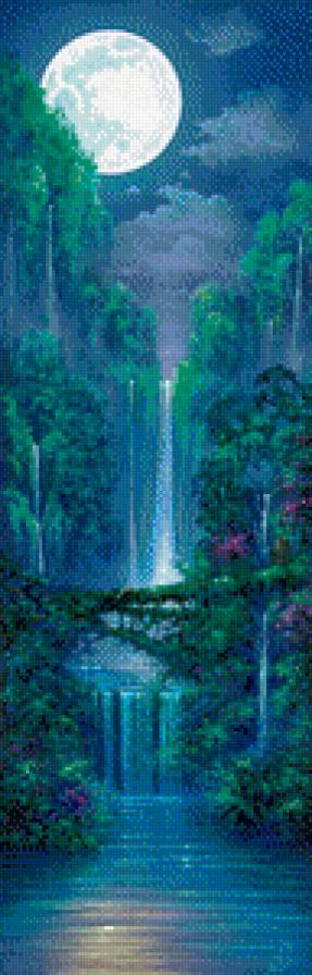 панно - вода, природа, луна, водопад, дерево, цветы, живопись - предпросмотр