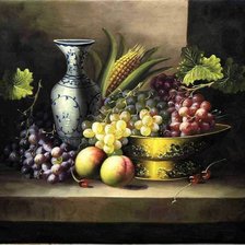 натюрморт с виноградом и вазами