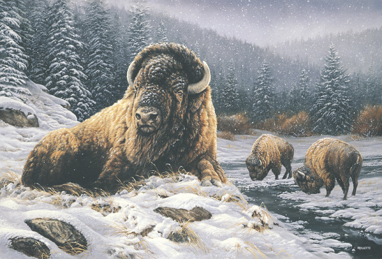 Серия "Пейзажи" - зима, река, бизоны, животные, пейзаж - оригинал