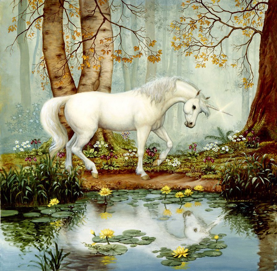 Серия "Единороги" - единороги, озеро, лошади, кони, сказка, животные, лес, пейзаж - оригинал