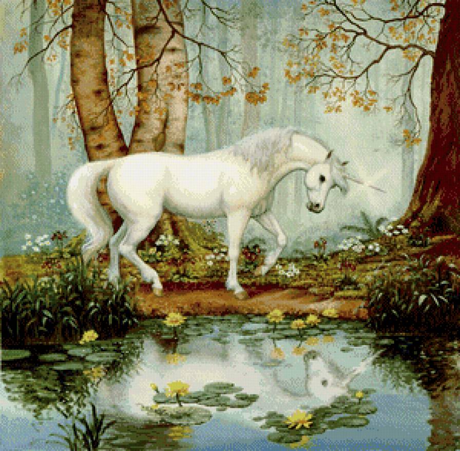 Серия "Единороги" - кони, единороги, животные, лес, лошади, озеро, пейзаж, сказка - предпросмотр