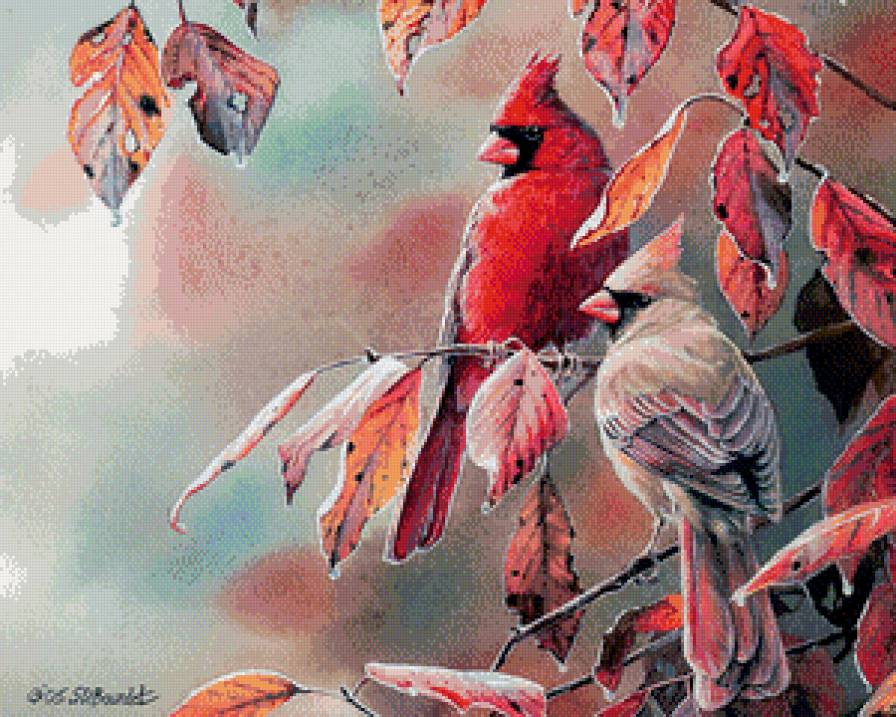 Серия "Птицы" - птицы, осень, кардиналы - предпросмотр