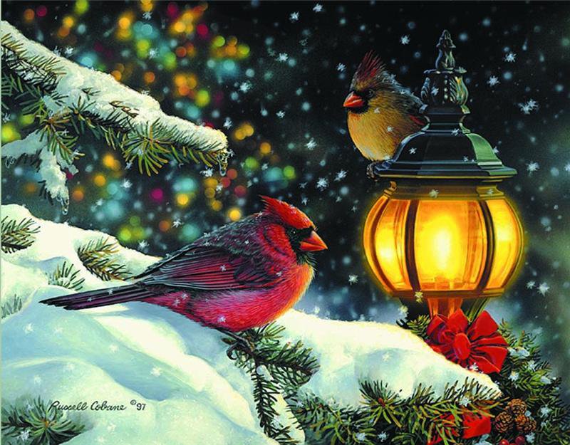 Серия "Птицы" - зима, птицы, фонарь, кардиналы - оригинал
