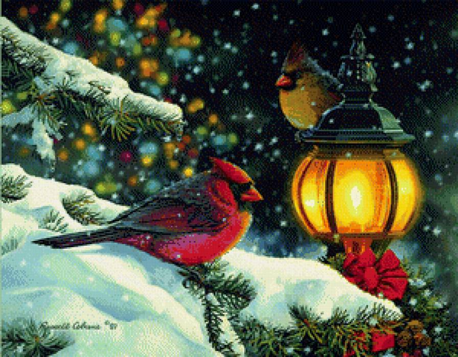 Серия "Птицы" - кардиналы, фонарь, зима, птицы - предпросмотр