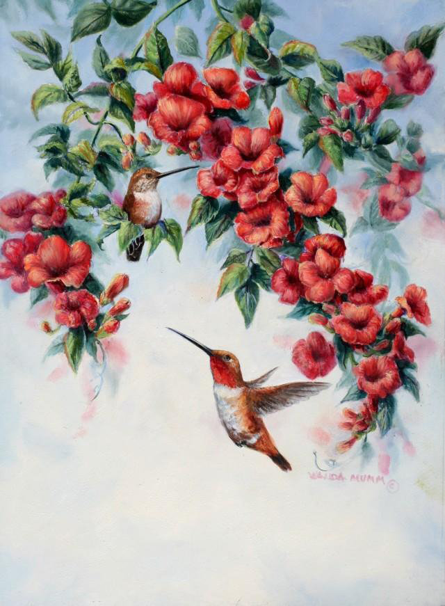 Серия "Птицы" - цветы, птицы, колибри - оригинал
