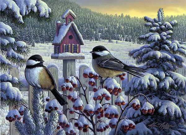 Серия "Птицы" - зима, ягоды, птицы, пейзаж, синицы - оригинал