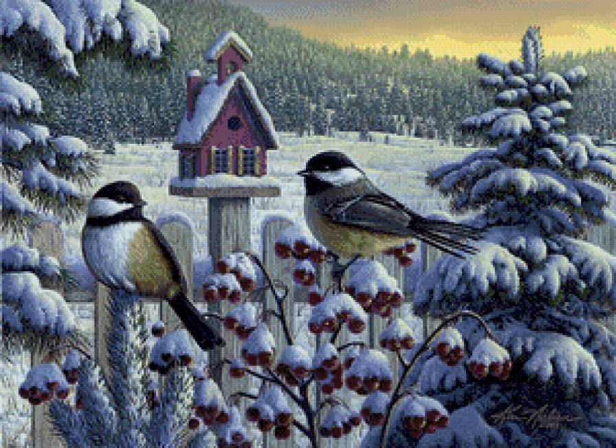 Серия "Птицы" - пейзаж, зима, ягоды, синицы, птицы - предпросмотр