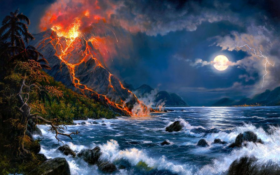 вулкан - пейзаж, море, ночь - оригинал