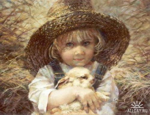девочка с кроликом - шляпка, девочка, дети, деревня, кролик, друзья - оригинал