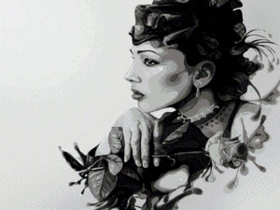 дама с розой - красота женщины, женщина, женщины, монохром, картина, картины - предпросмотр