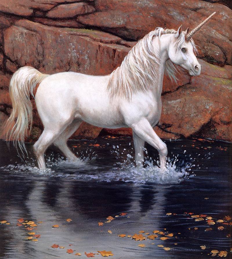 Серия "Единороги" - пейзаж, лошади, сказка, животные, единороги, река, кони - оригинал