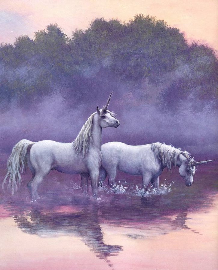Серия "Единороги" - единороги, пейзаж, озеро, животные, кони, сказка, лошади, туман - оригинал