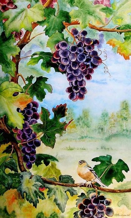 Серия "Птицы" - ягоды, птицы, виноград - оригинал