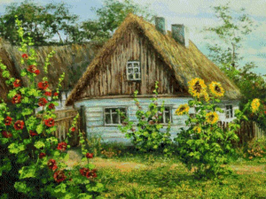 домик в деревне - пейзаж, лето, картина - предпросмотр