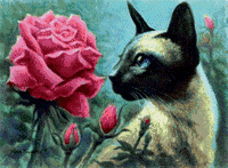 Кошка и роза - кошки, цветы, животные - предпросмотр