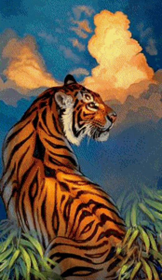 тигр - хищник, живопись, небо, природа - предпросмотр