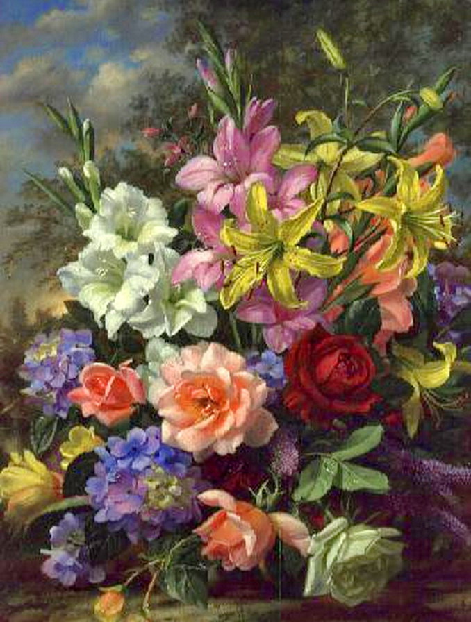 старинная картина - гортензия, природа, роза, живопись, цветы.букет, лилия - оригинал