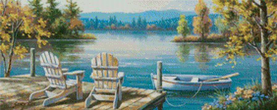 №484059 - картина, берег, горы, река, природа - предпросмотр