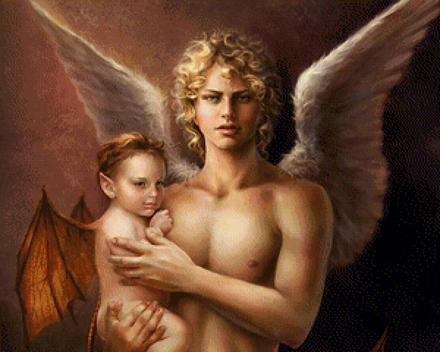 ангел с ребенком - картина, фэнтези, ангелы, мужчина - предпросмотр