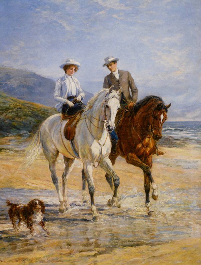Прогулка - пейзаж, собака, двое, он и она, лошади, любовь, море - оригинал
