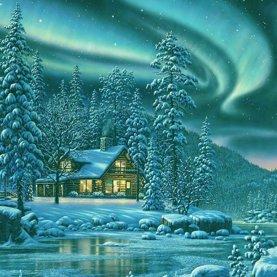 северное сияние - пейзаж, картина, зима - оригинал