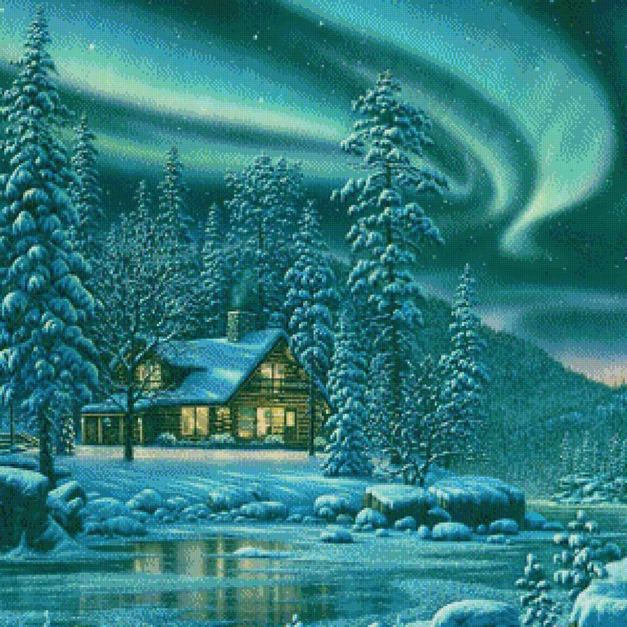 северное сияние - картина, пейзаж, зима - предпросмотр