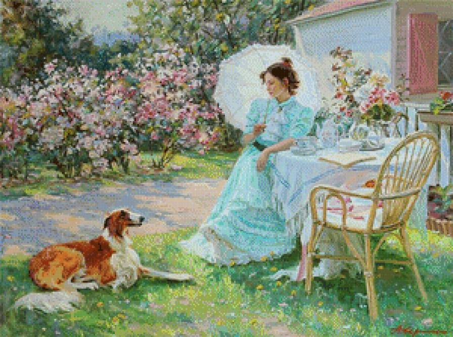 Отдых в саду. - лето, девушки, сад - предпросмотр