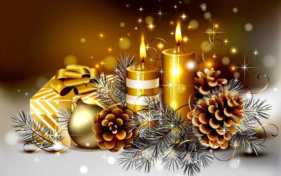 новогодняя - праздник, шишка, свеча, новый год, бант, игрушка, елка, подарок - оригинал